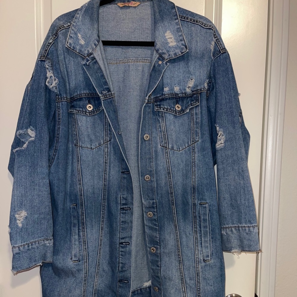 Longline Distressed Denim Jacket